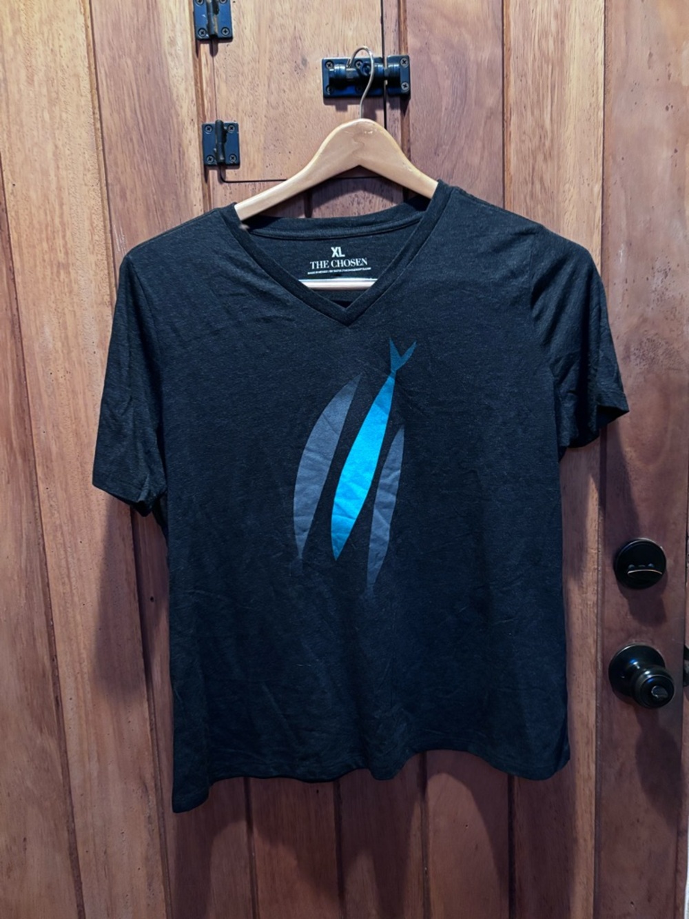 The Chosen Women's Black V-Neck Tee with Blue Graphic